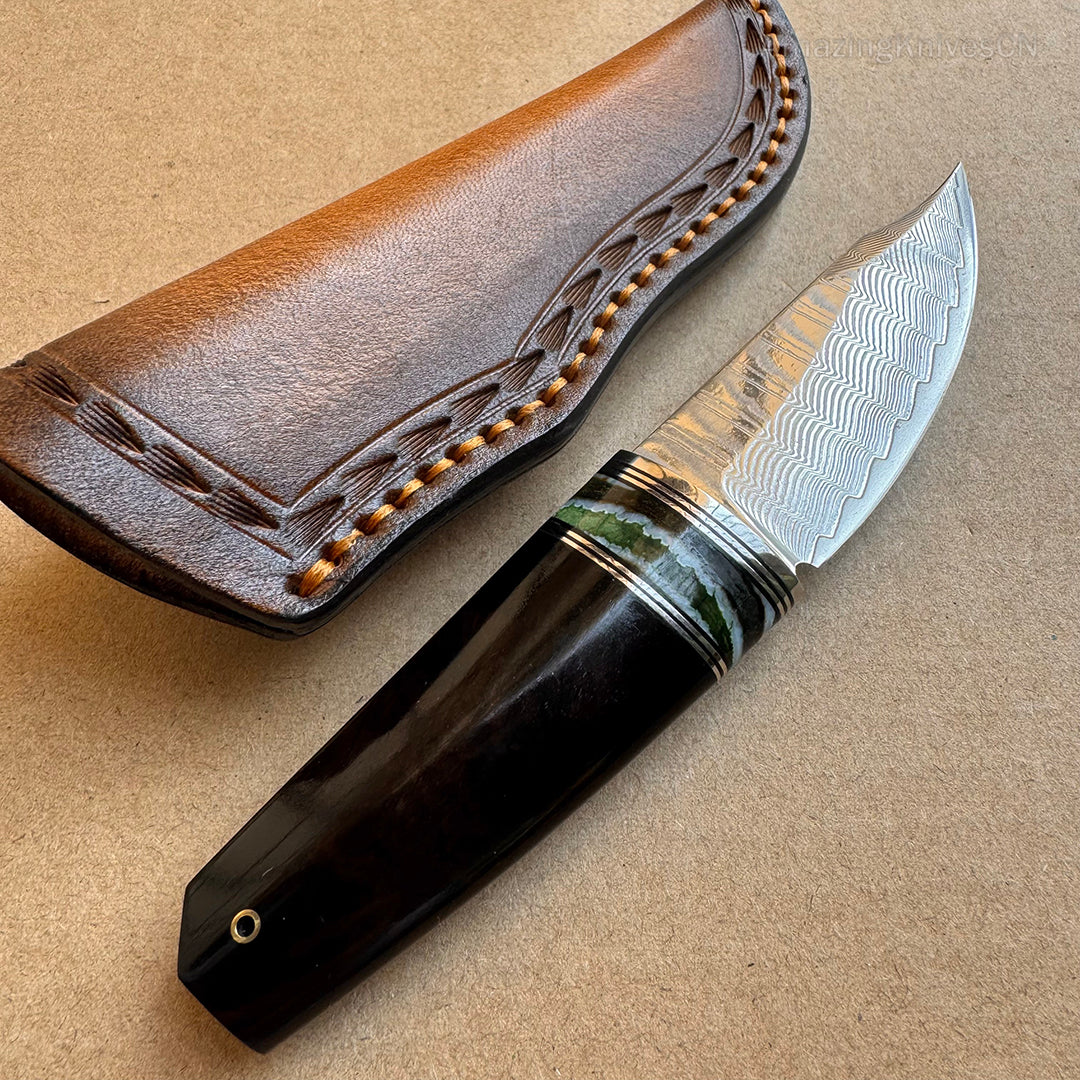 Collectible VG10 Damascus Utility Knife Fixed Blade Ebony Handle w/ Sheath - AK-HT0907