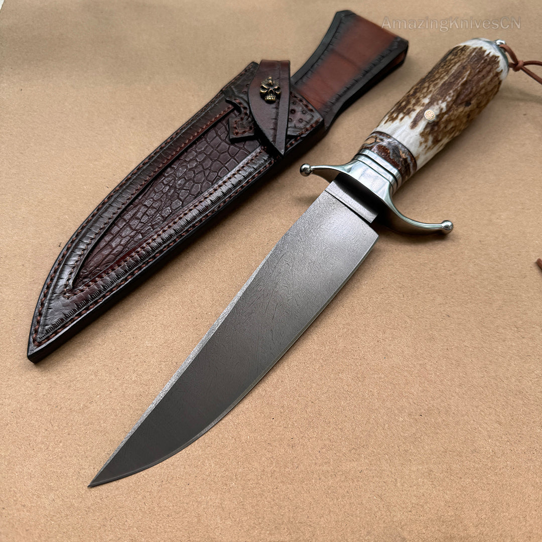 Wootz Steel Survival Bowie Hunting Knife Fixed Blade Stag Horn Handle w/ Sheath - AK-HT0879