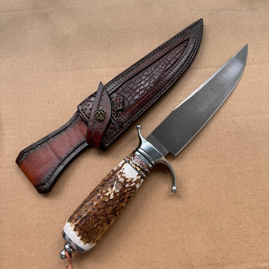 Wootz Steel Survival Bowie Hunting Knife Fixed Blade Stag Horn Handle w/ Sheath - AK-HT0879