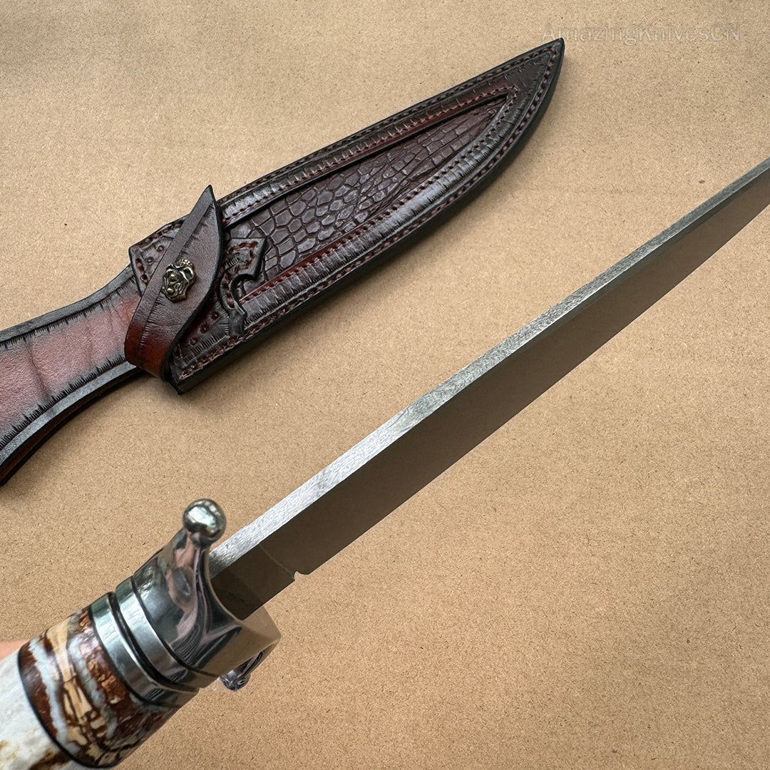 Wootz Steel Survival Bowie Hunting Knife Fixed Blade Stag Horn Handle w/ Sheath - AK-HT0879