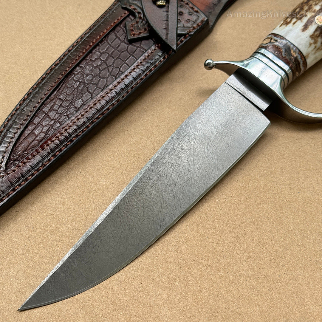 Wootz Steel Survival Bowie Hunting Knife Fixed Blade Stag Horn Handle w/ Sheath - AK-HT0879