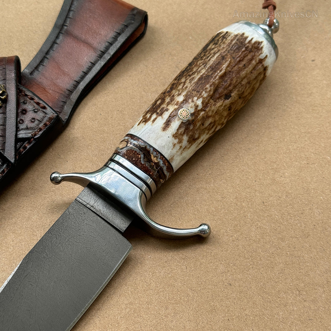 Wootz Steel Survival Bowie Hunting Knife Fixed Blade Stag Horn Handle w/ Sheath - AK-HT0879
