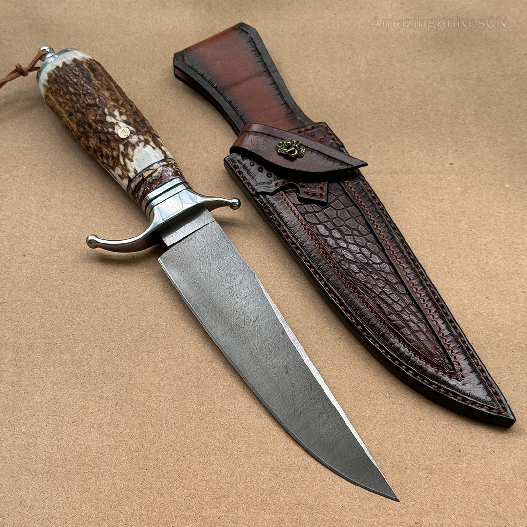 Wootz Steel Survival Bowie Hunting Knife Fixed Blade Stag Horn Handle w/ Sheath - AK-HT0879