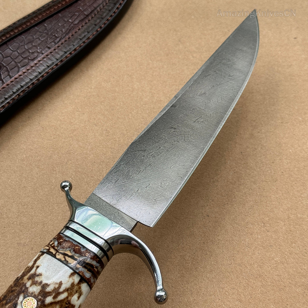 Wootz Steel Survival Bowie Hunting Knife Fixed Blade Stag Horn Handle w/ Sheath - AK-HT0879