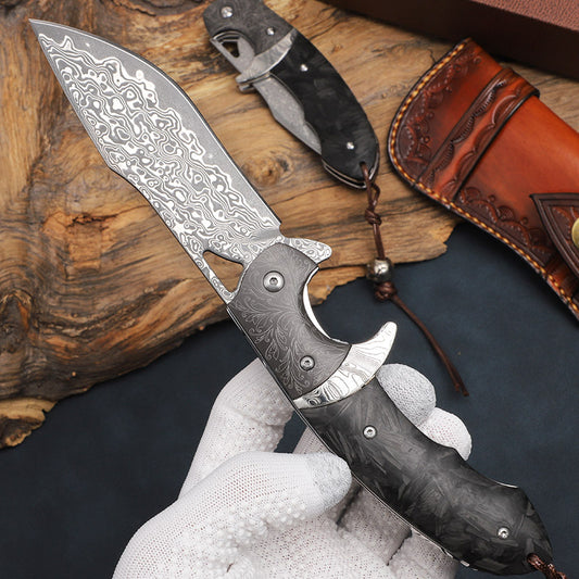 Handmade Damascus Steel Folding Knife Pocket Knives Sheath Carbon Fiber Handle - AK-HT0578-CB