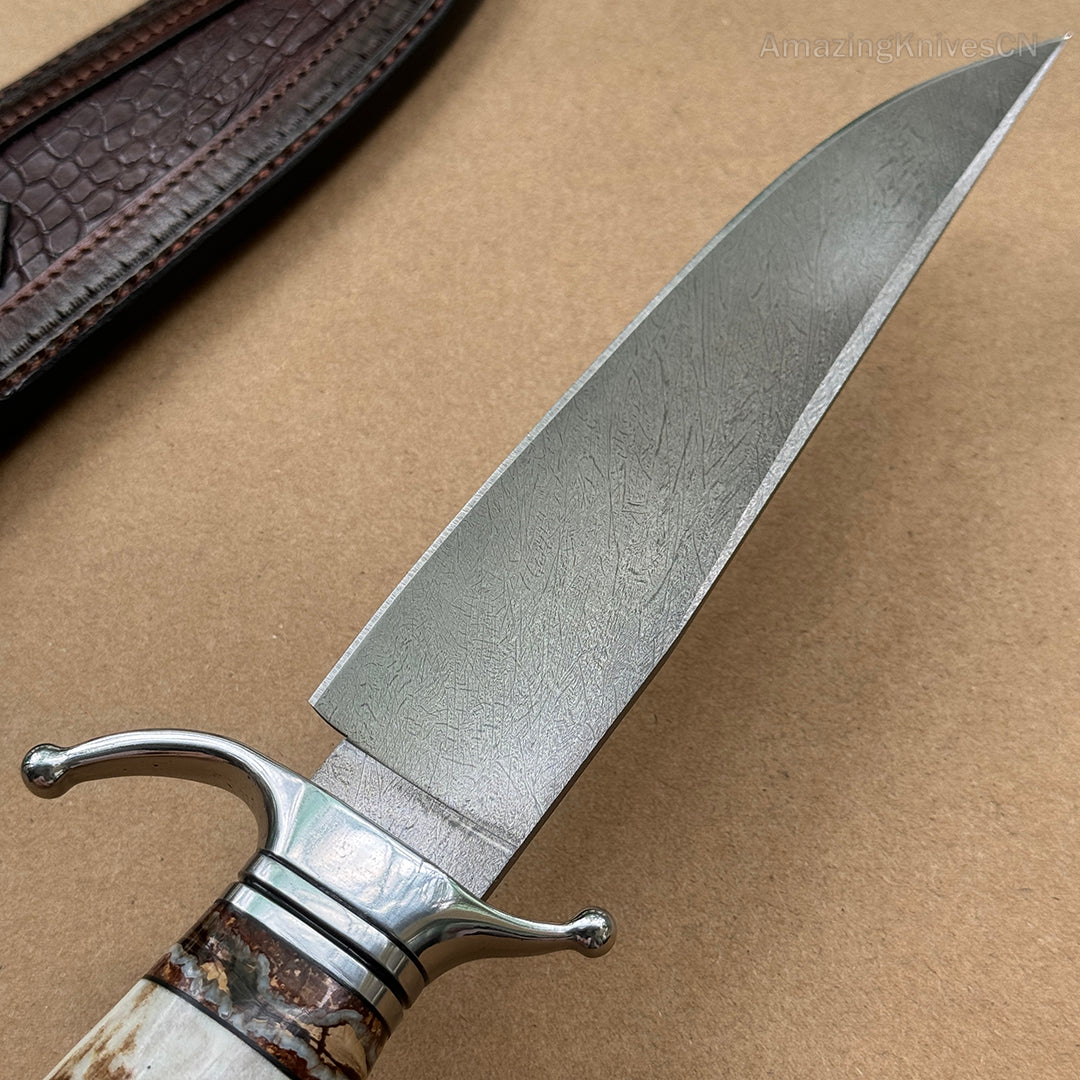 Wootz Steel Survival Bowie Hunting Knife Fixed Blade Stag Horn Handle w/ Sheath - AK-HT0879