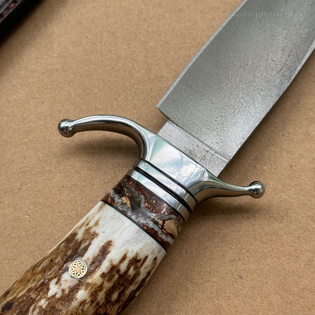 Wootz Steel Survival Bowie Hunting Knife Fixed Blade Stag Horn Handle w/ Sheath - AK-HT0879