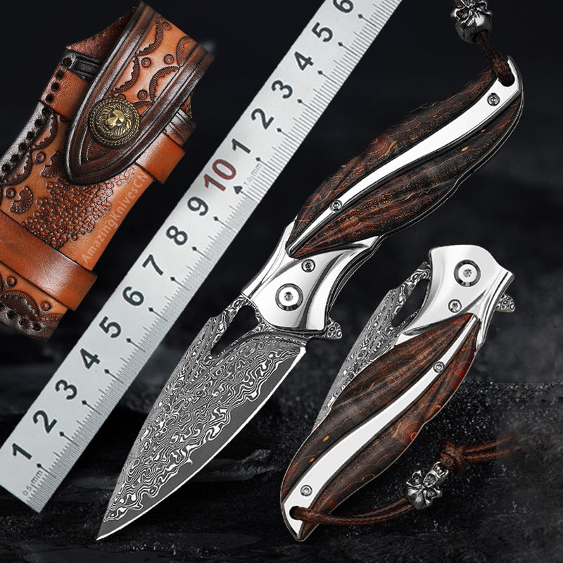 VG10 Damascus Folding Knife Pocket Outdoor EDC Flipper Wood Handle with Sheath - AK-HT0682-B