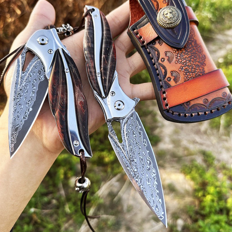 VG10 Damascus Folding Knife Pocket Outdoor EDC Flipper Wood Handle with Sheath - AK-HT0682-B