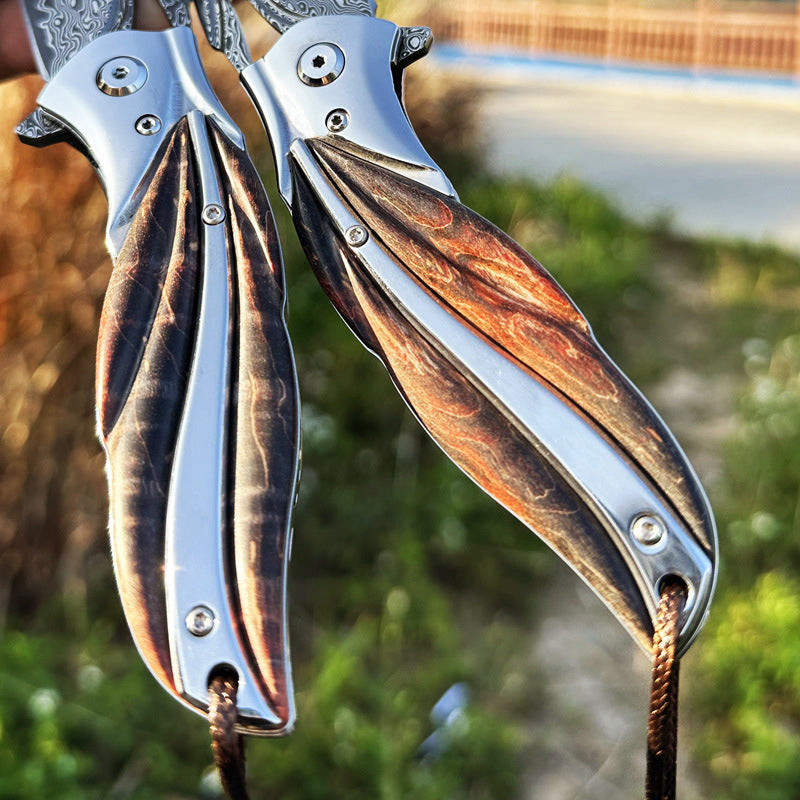 VG10 Damascus Folding Knife Pocket Outdoor EDC Flipper Wood Handle with Sheath - AK-HT0682-B