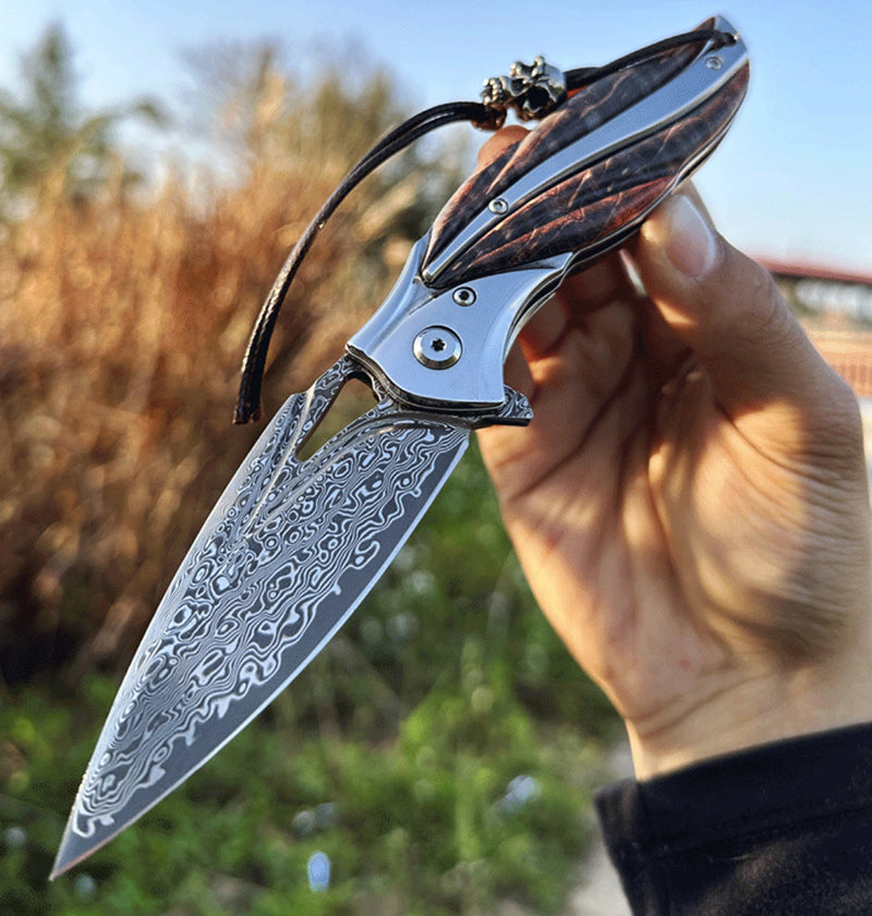 VG10 Damascus Folding Knife Pocket Outdoor EDC Flipper Wood Handle with Sheath - AK-HT0682-B