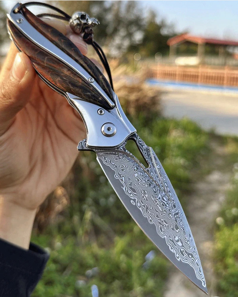 VG10 Damascus Folding Knife Pocket Outdoor EDC Flipper Wood Handle with Sheath - AK-HT0682-B