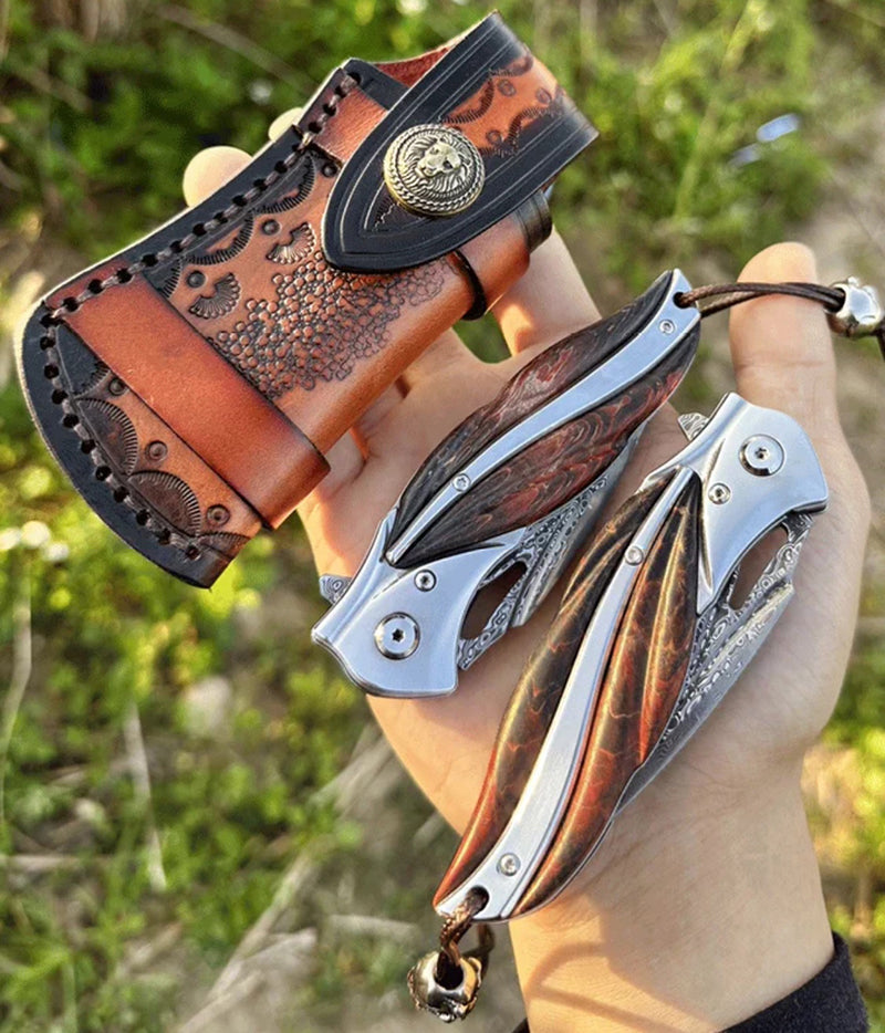 VG10 Damascus Folding Knife Pocket Outdoor EDC Flipper Wood Handle with Sheath - AK-HT0682-B