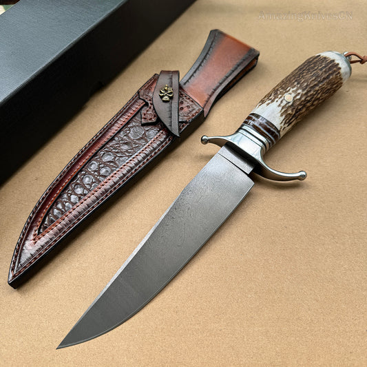 Top-tier Collectible Amazing Wootz Steel Survival Bowie Hunting Knife Fixed Blade Stag Horn Handle w/ Sheath - AK-HT0879-1