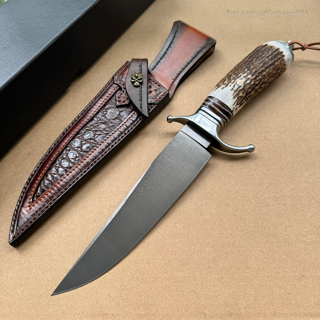 Top-tier Collectible Amazing Wootz Steel Survival Bowie Hunting Knife Fixed Blade Stag Horn Handle w/ Sheath - AK-HT0879-1