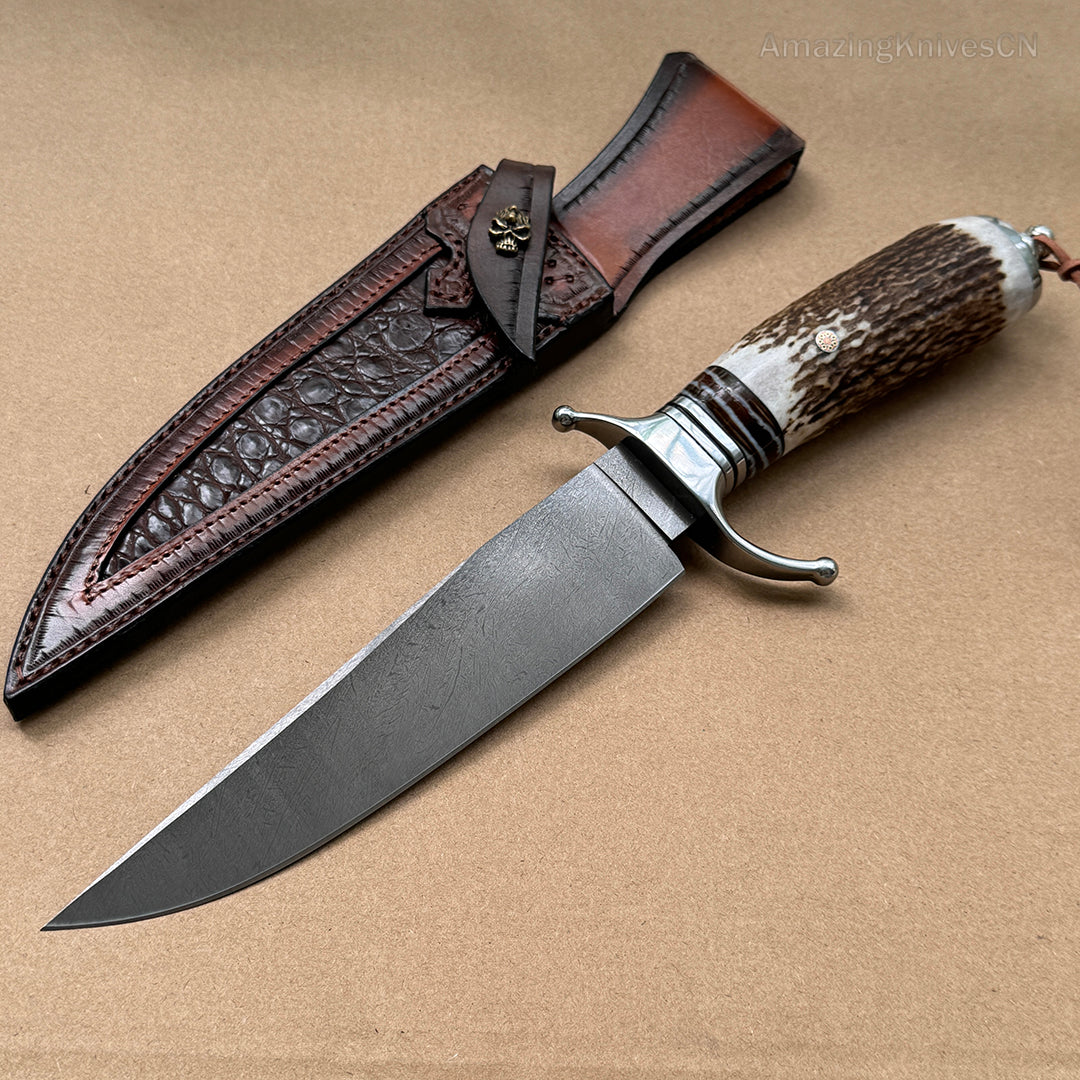 Top-tier Collectible Amazing Wootz Steel Survival Bowie Hunting Knife Fixed Blade Stag Horn Handle w/ Sheath - AK-HT0879-1