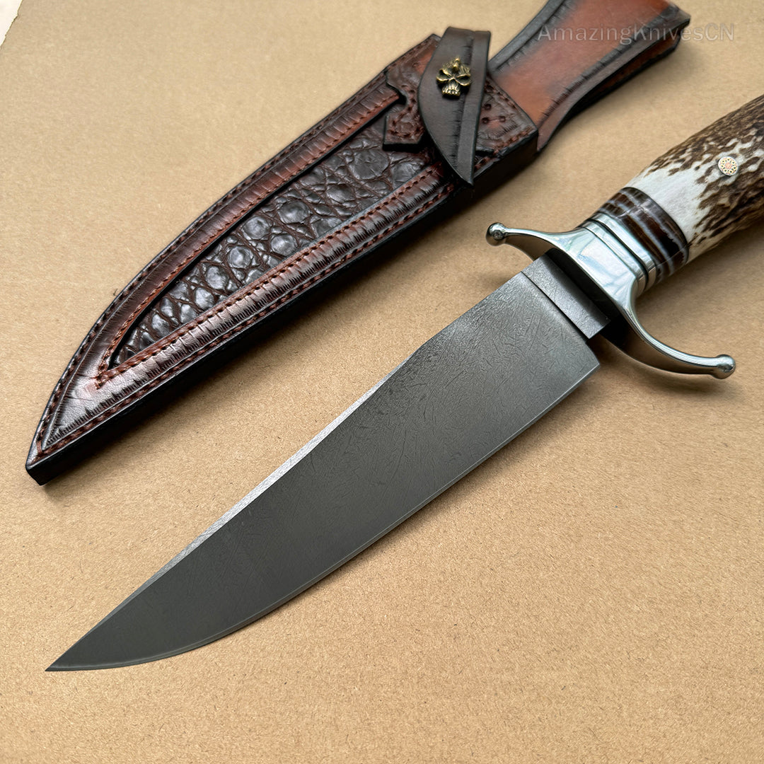 Top-tier Collectible Amazing Wootz Steel Survival Bowie Hunting Knife Fixed Blade Stag Horn Handle w/ Sheath - AK-HT0879-1
