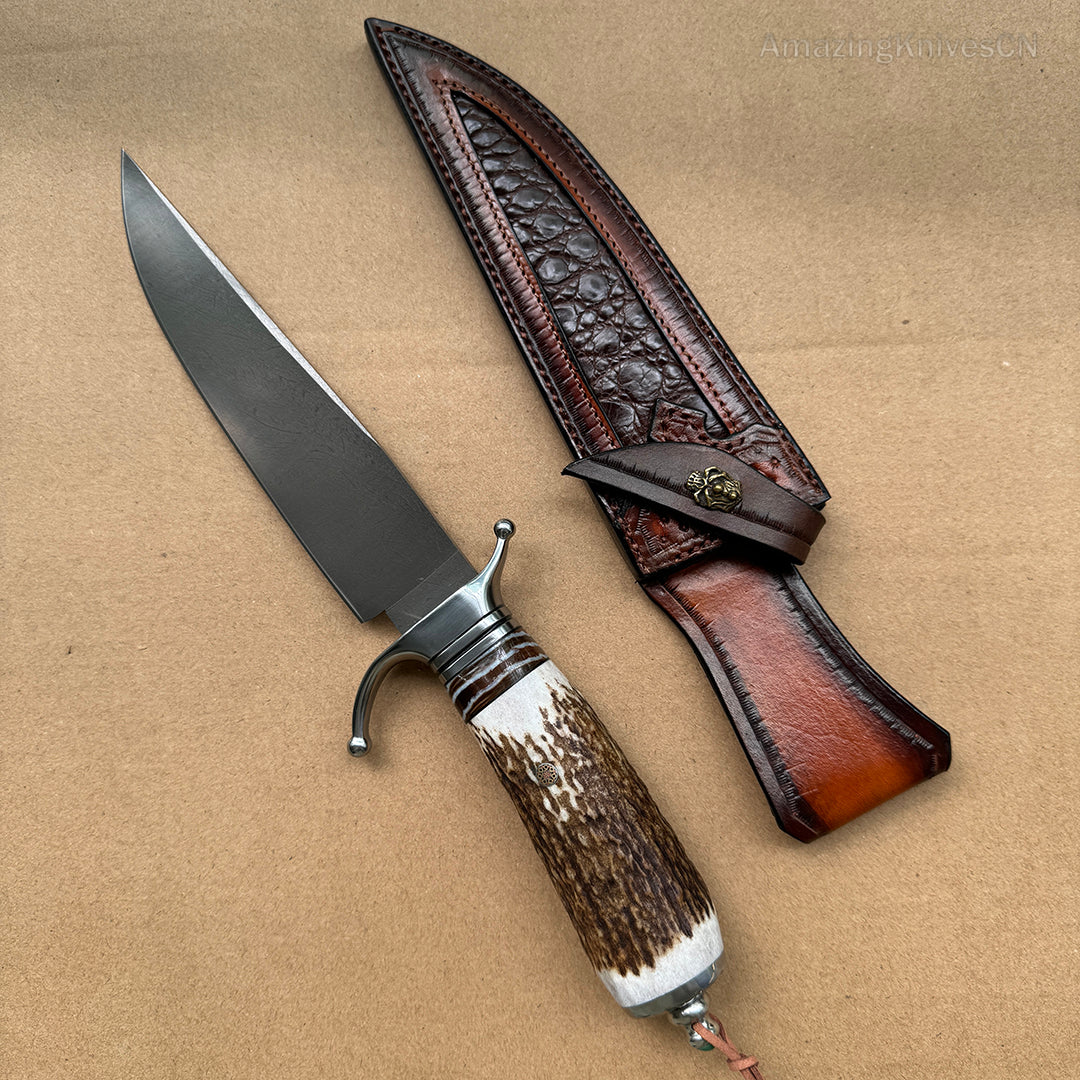 Top-tier Collectible Amazing Wootz Steel Survival Bowie Hunting Knife Fixed Blade Stag Horn Handle w/ Sheath - AK-HT0879-1