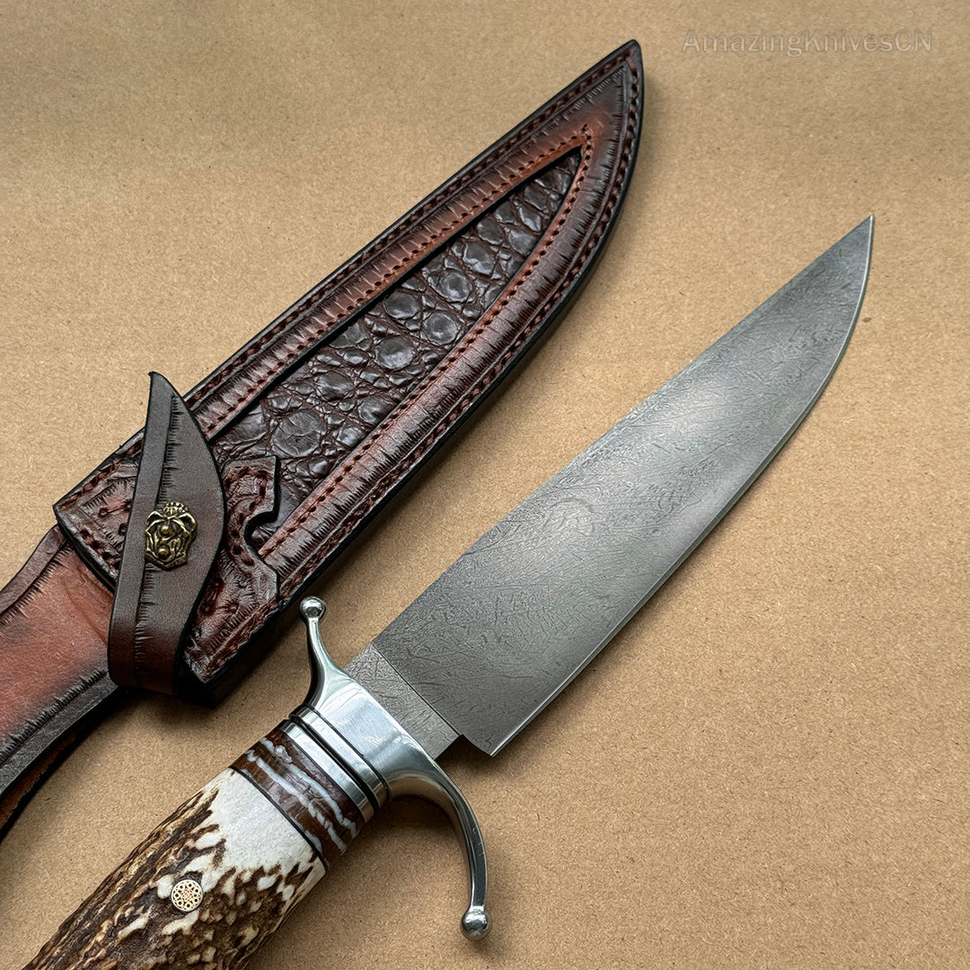 Top-tier Collectible Amazing Wootz Steel Survival Bowie Hunting Knife Fixed Blade Stag Horn Handle w/ Sheath - AK-HT0879-1