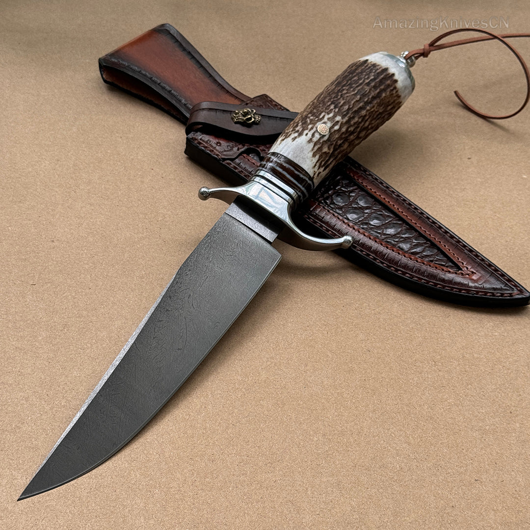 Top-tier Collectible Amazing Wootz Steel Survival Bowie Hunting Knife Fixed Blade Stag Horn Handle w/ Sheath - AK-HT0879-1