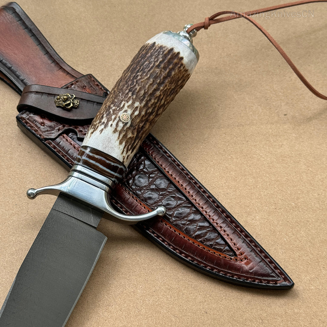 Top-tier Collectible Amazing Wootz Steel Survival Bowie Hunting Knife Fixed Blade Stag Horn Handle w/ Sheath - AK-HT0879-1