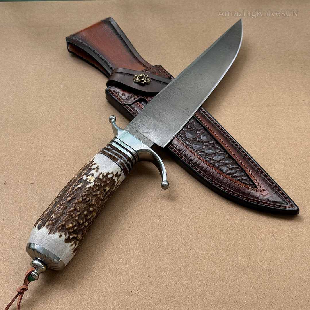 Top-tier Collectible Amazing Wootz Steel Survival Bowie Hunting Knife Fixed Blade Stag Horn Handle w/ Sheath - AK-HT0879-1