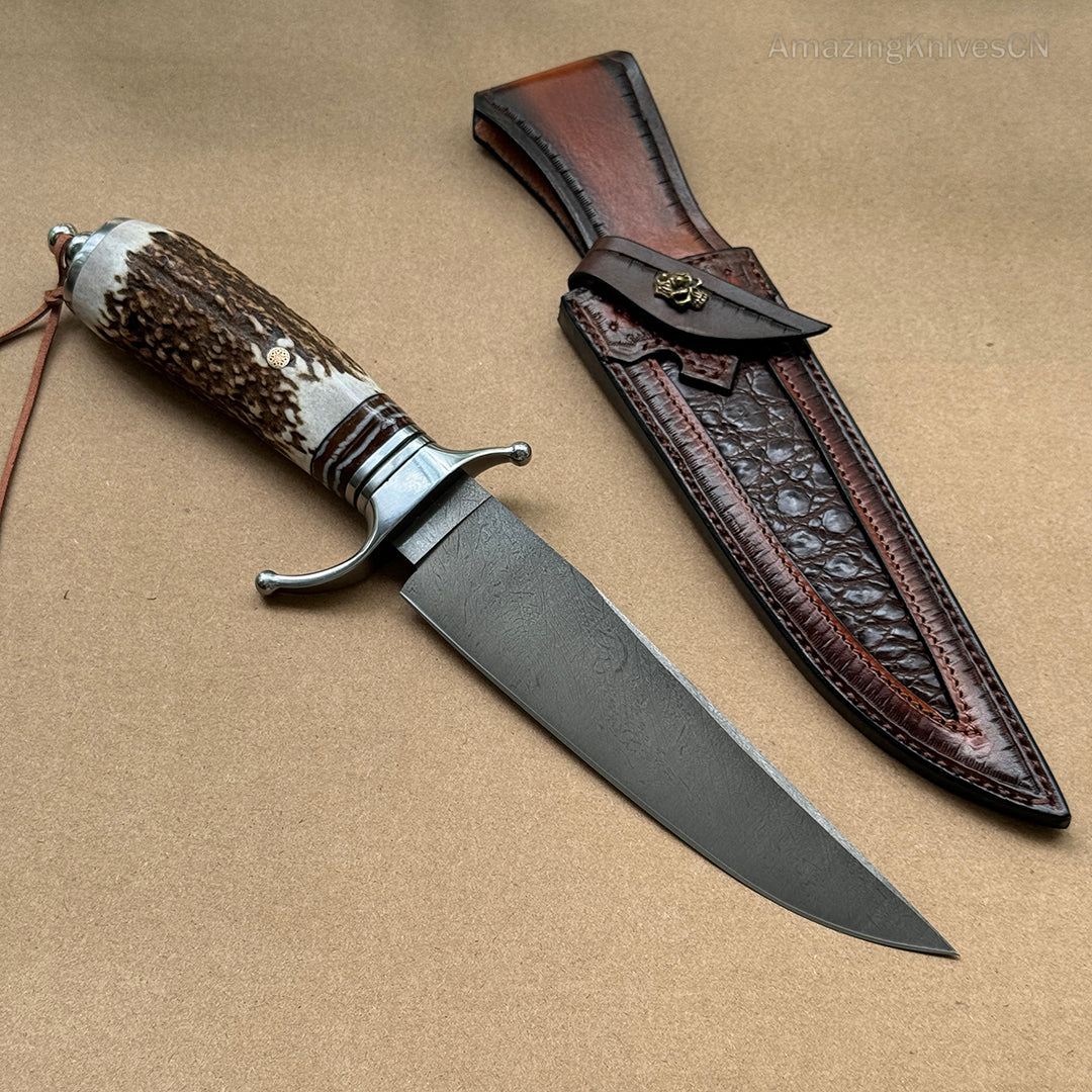 Top-tier Collectible Amazing Wootz Steel Survival Bowie Hunting Knife Fixed Blade Stag Horn Handle w/ Sheath - AK-HT0879-1