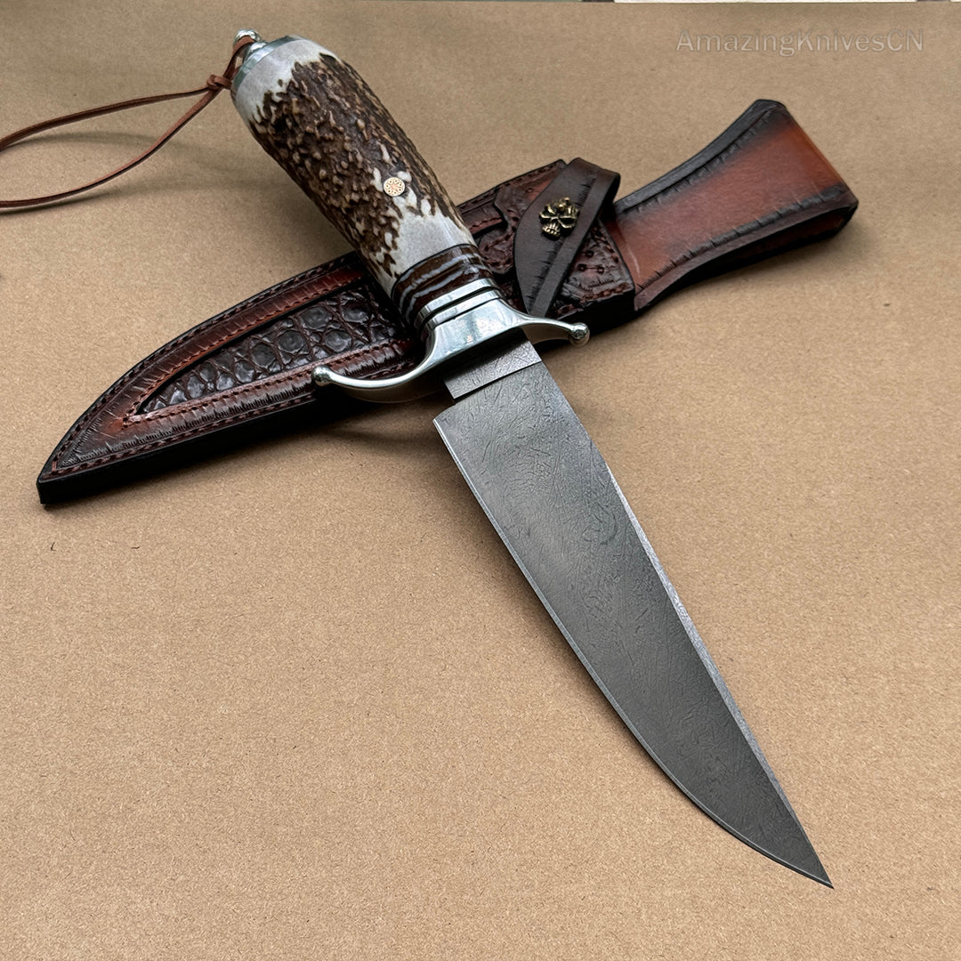 Top-tier Collectible Amazing Wootz Steel Survival Bowie Hunting Knife Fixed Blade Stag Horn Handle w/ Sheath - AK-HT0879-1