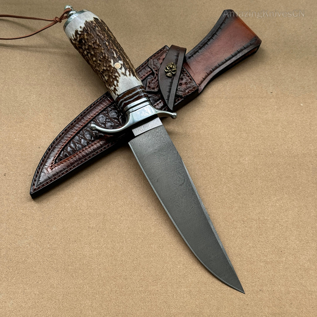 Top-tier Collectible Amazing Wootz Steel Survival Bowie Hunting Knife Fixed Blade Stag Horn Handle w/ Sheath - AK-HT0879-1
