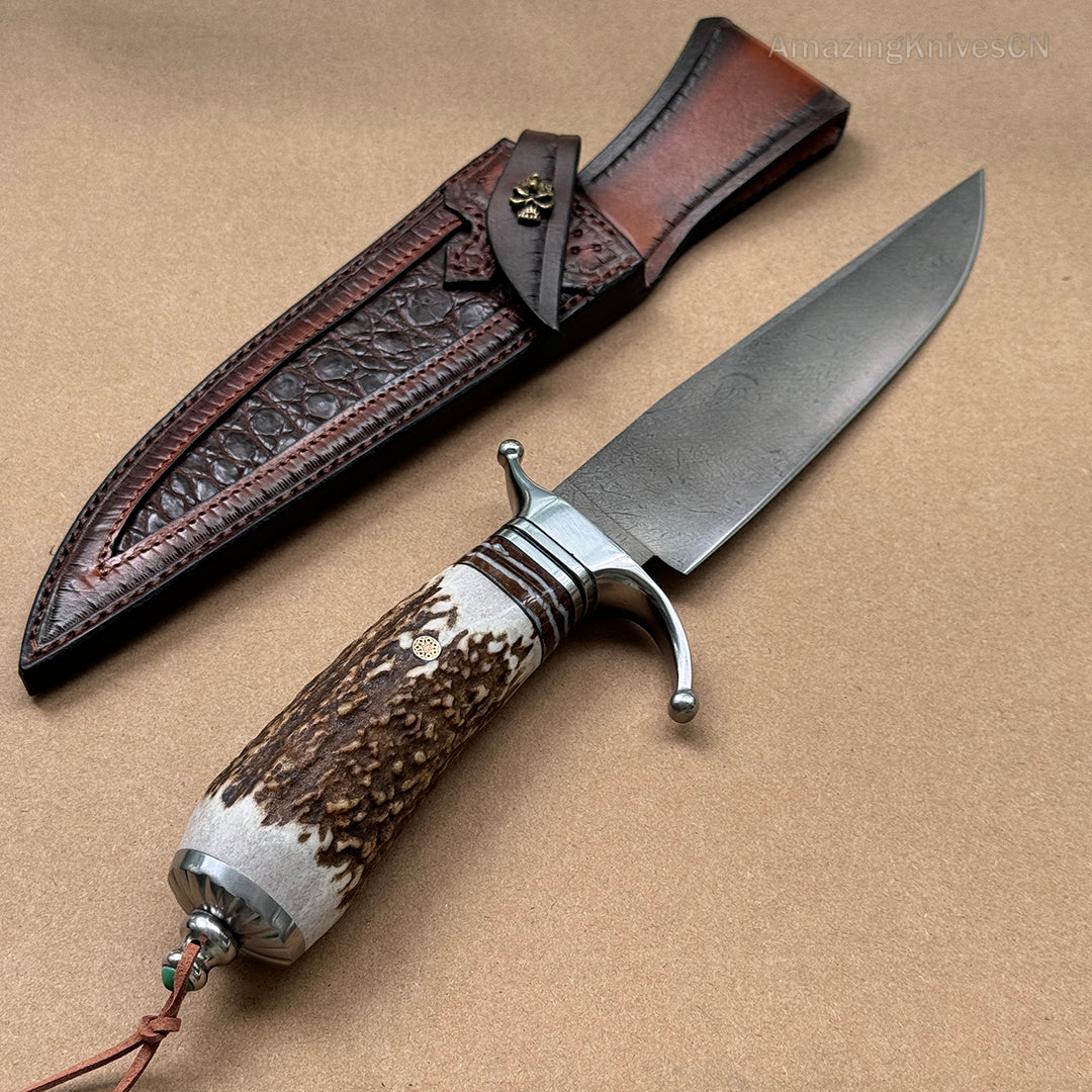 Top-tier Collectible Amazing Wootz Steel Survival Bowie Hunting Knife Fixed Blade Stag Horn Handle w/ Sheath - AK-HT0879-1