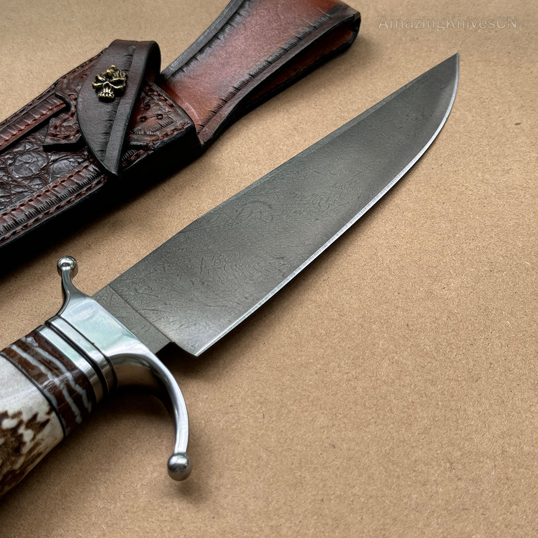 Top-tier Collectible Amazing Wootz Steel Survival Bowie Hunting Knife Fixed Blade Stag Horn Handle w/ Sheath - AK-HT0879-1