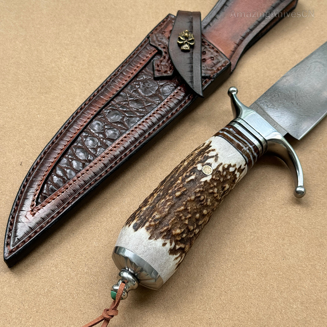 Top-tier Collectible Amazing Wootz Steel Survival Bowie Hunting Knife Fixed Blade Stag Horn Handle w/ Sheath - AK-HT0879-1