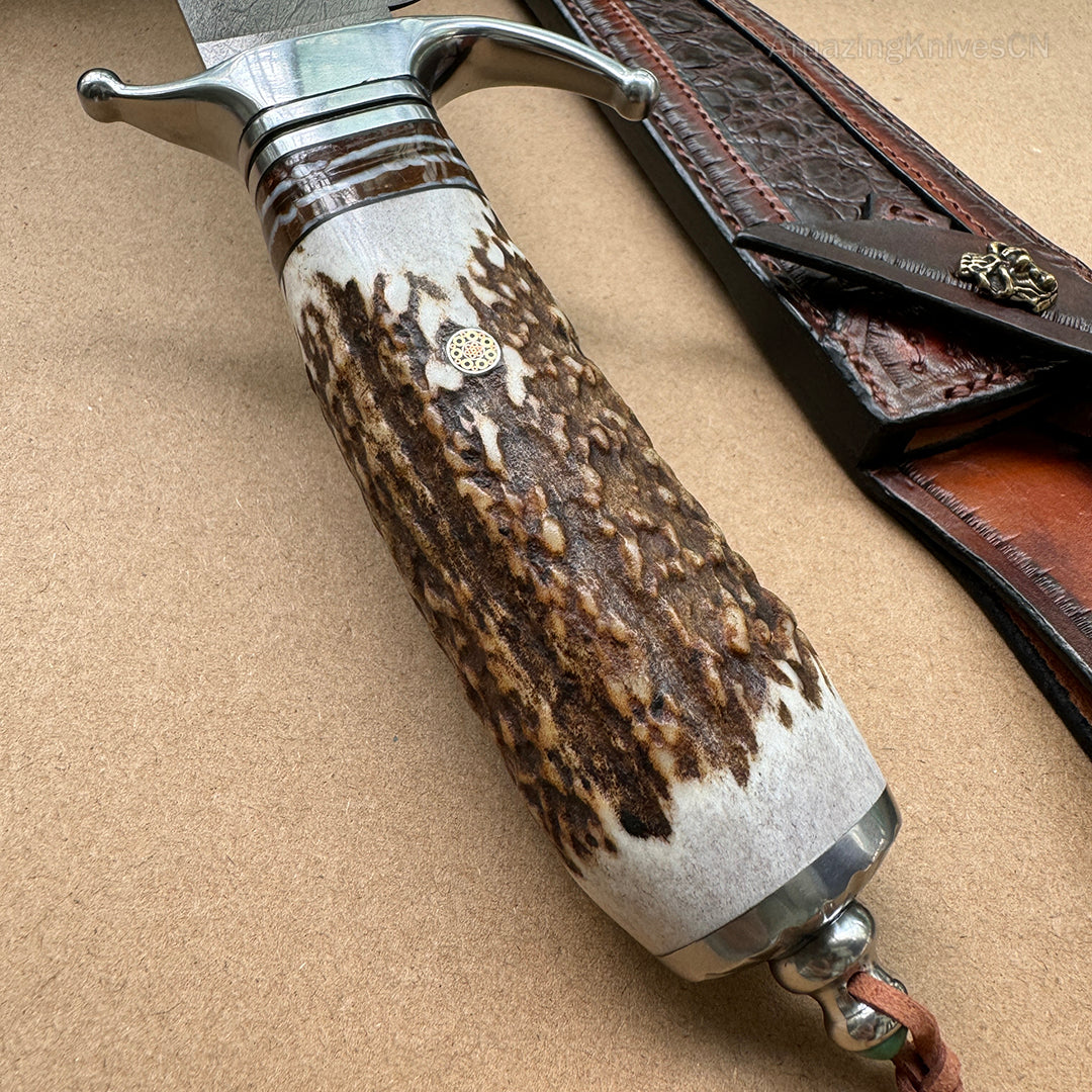 Top-tier Collectible Amazing Wootz Steel Survival Bowie Hunting Knife Fixed Blade Stag Horn Handle w/ Sheath - AK-HT0879-1