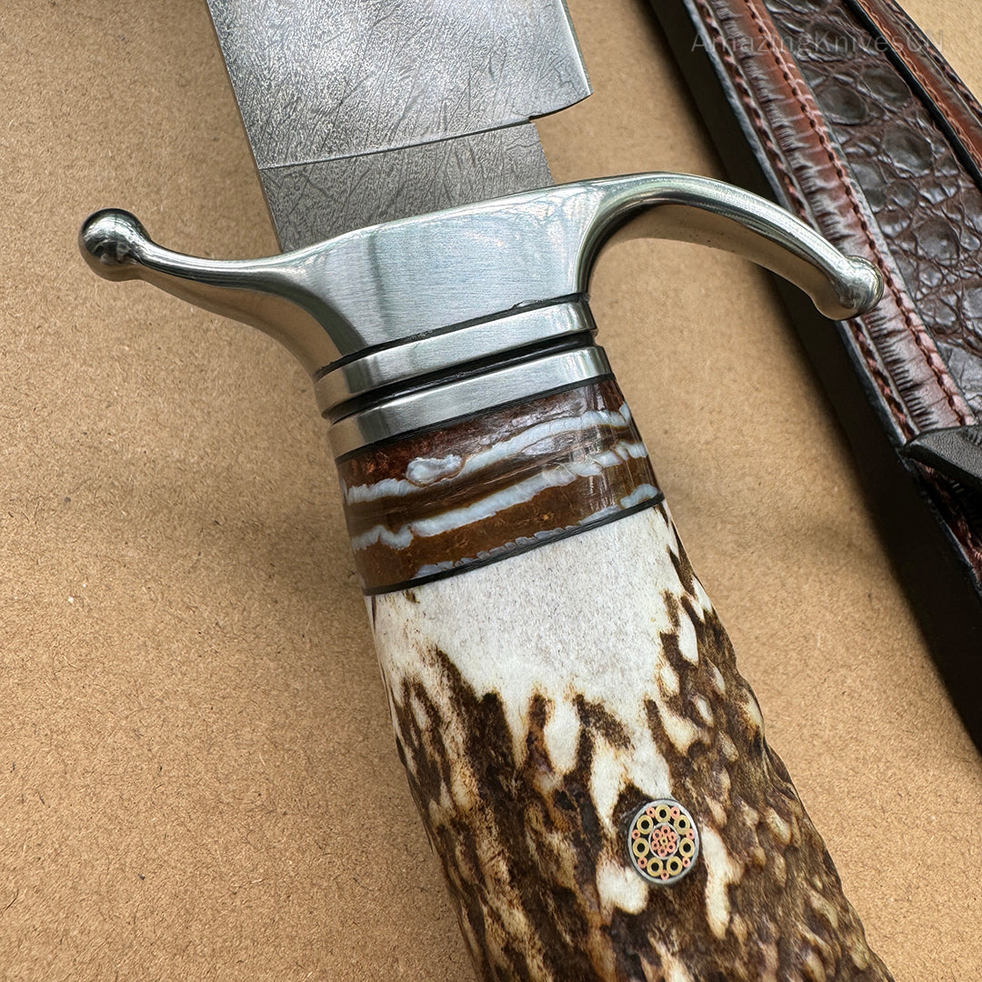 Top-tier Collectible Amazing Wootz Steel Survival Bowie Hunting Knife Fixed Blade Stag Horn Handle w/ Sheath - AK-HT0879-1