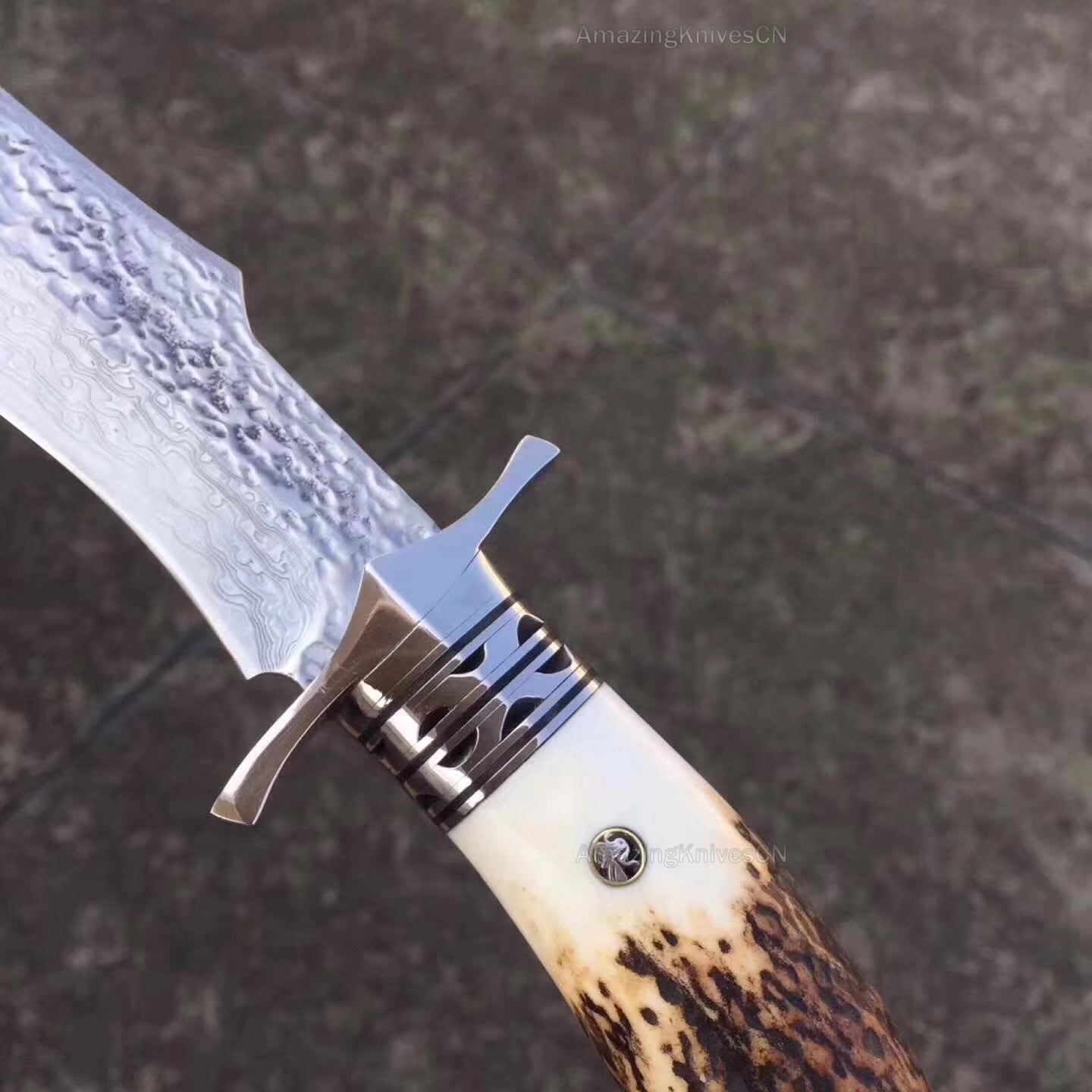 Damascus Survival Outdoor Camping Hunting Knife Fixed Blade Stag Antler Sheath - AK-HT0307