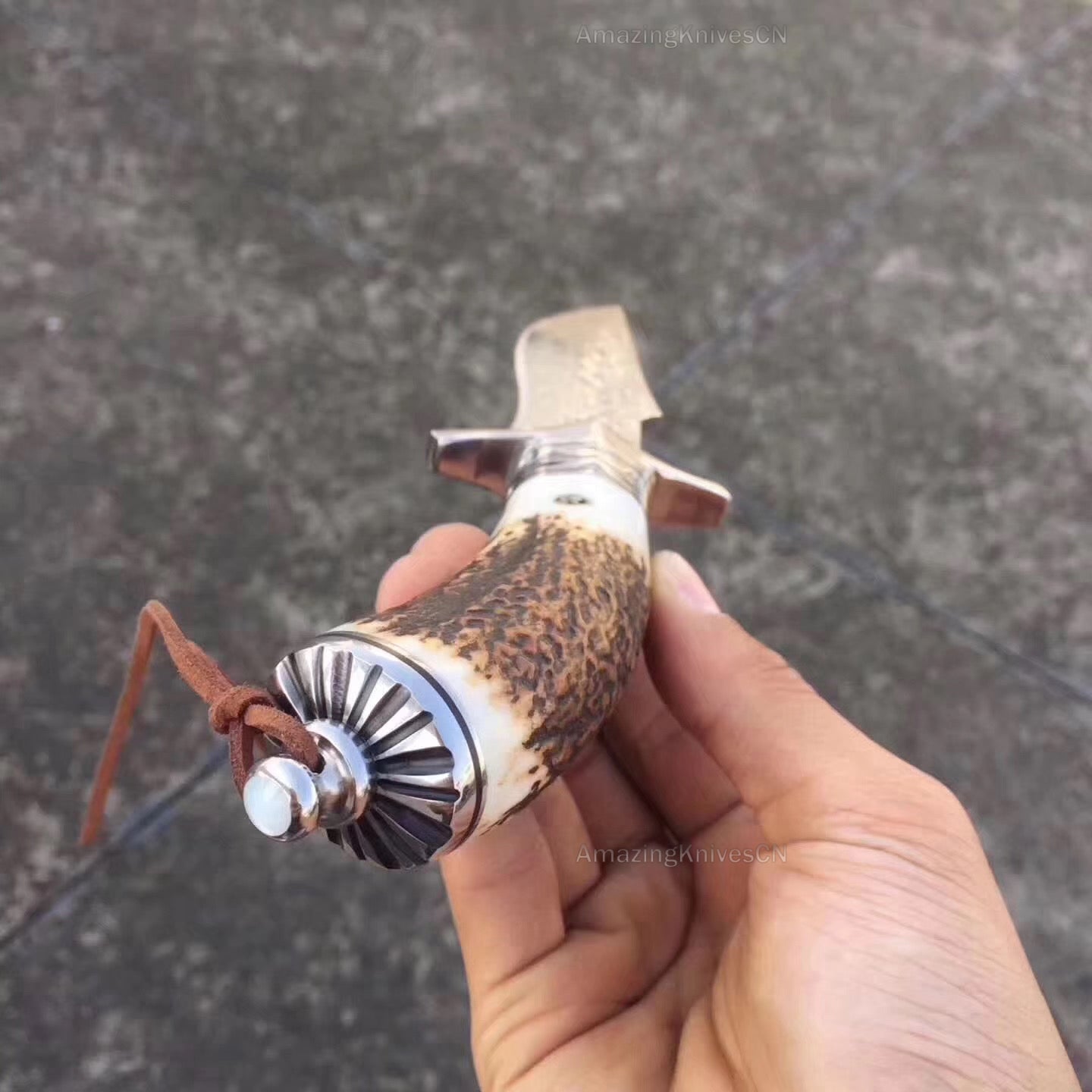 Damascus Survival Outdoor Camping Hunting Knife Fixed Blade Stag Antler Sheath - AK-HT0307