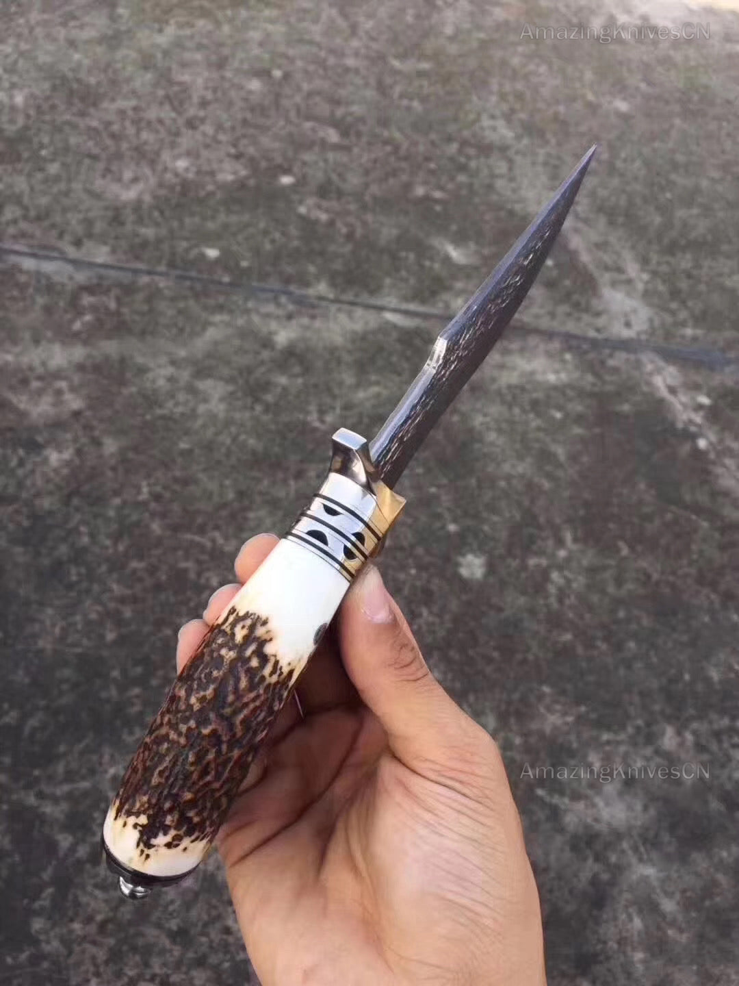 Damascus Survival Outdoor Camping Hunting Knife Fixed Blade Stag Antler Sheath - AK-HT0307