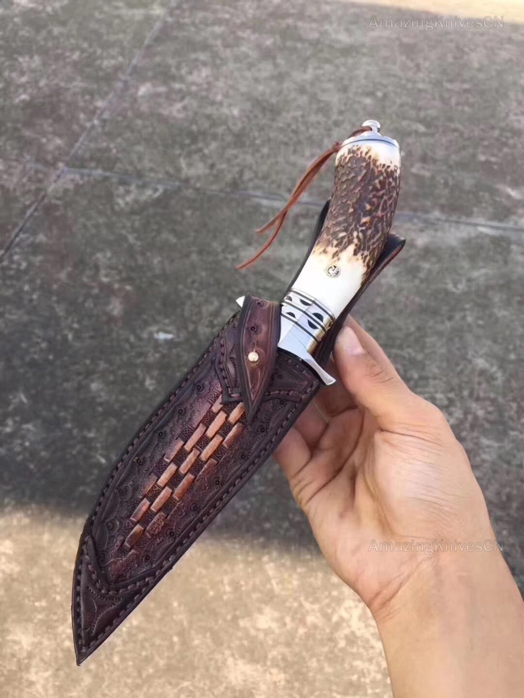 Damascus Survival Outdoor Camping Hunting Knife Fixed Blade Stag Antler Sheath - AK-HT0307
