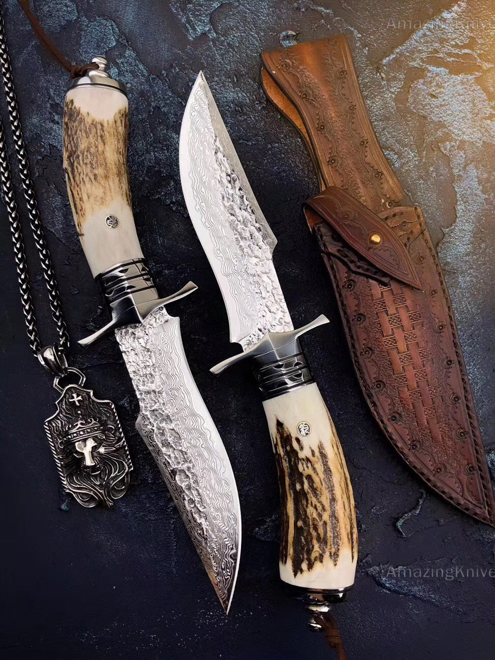 Damascus Survival Outdoor Camping Hunting Knife Fixed Blade Stag Antler Sheath - AK-HT0307