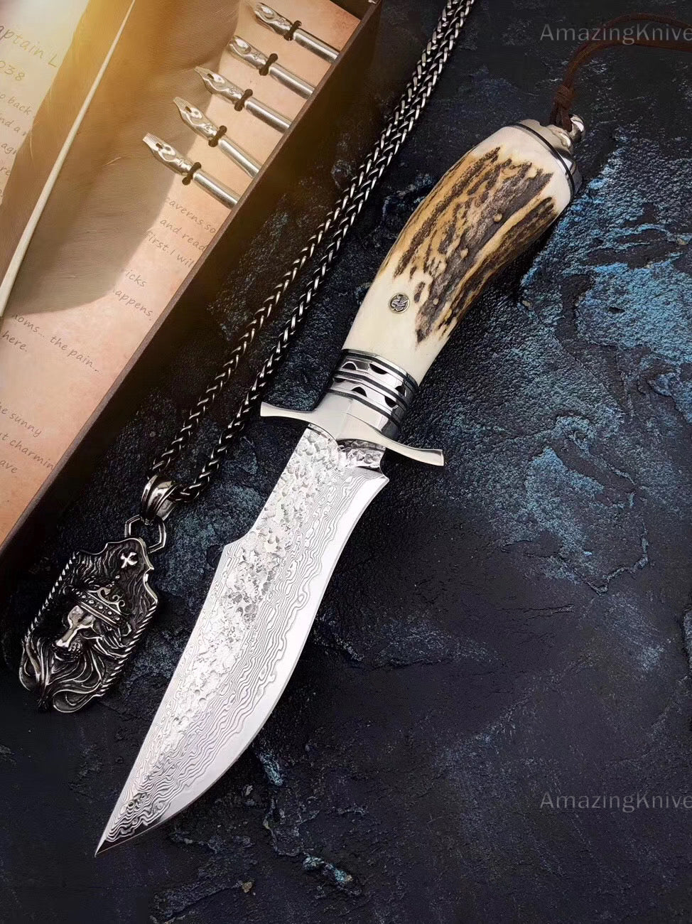 Damascus Survival Outdoor Camping Hunting Knife Fixed Blade Stag Antler Sheath - AK-HT0307