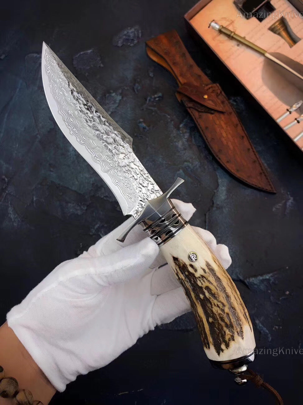 Damascus Survival Outdoor Camping Hunting Knife Fixed Blade Stag Antler Sheath - AK-HT0307