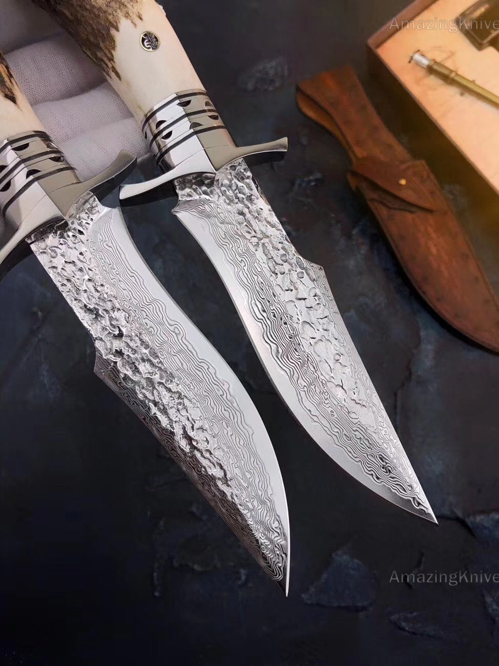 Damascus Survival Outdoor Camping Hunting Knife Fixed Blade Stag Antler Sheath - AK-HT0307