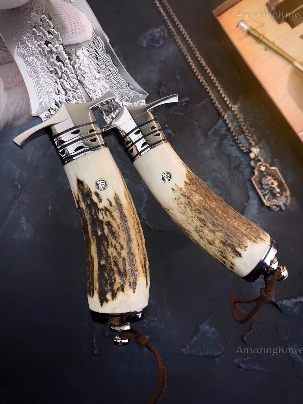 Damascus Survival Outdoor Camping Hunting Knife Fixed Blade Stag Antler Sheath - AK-HT0307