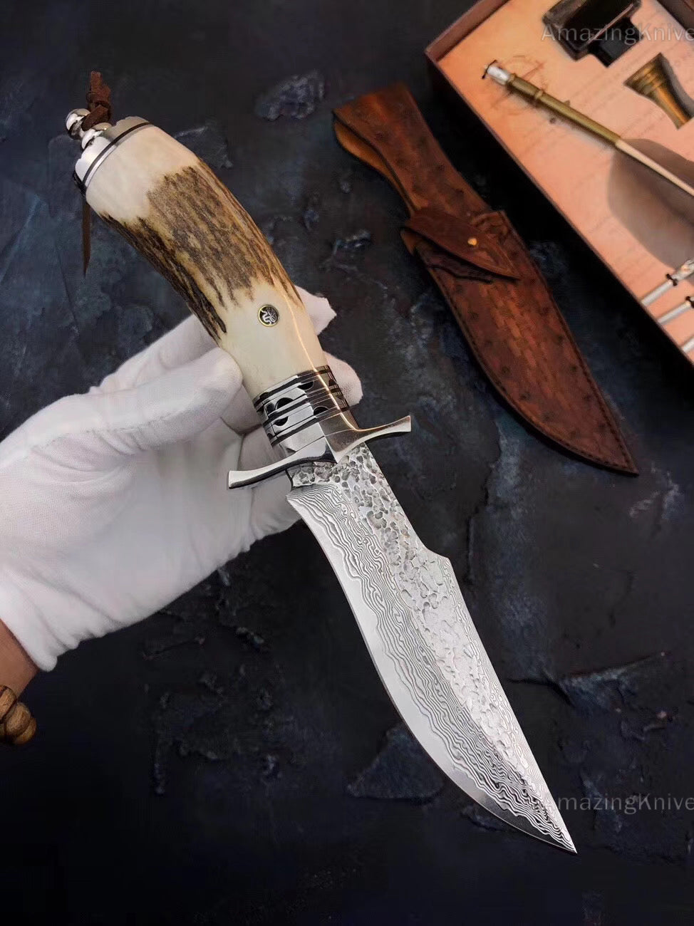 Damascus Survival Outdoor Camping Hunting Knife Fixed Blade Stag Antler Sheath - AK-HT0307