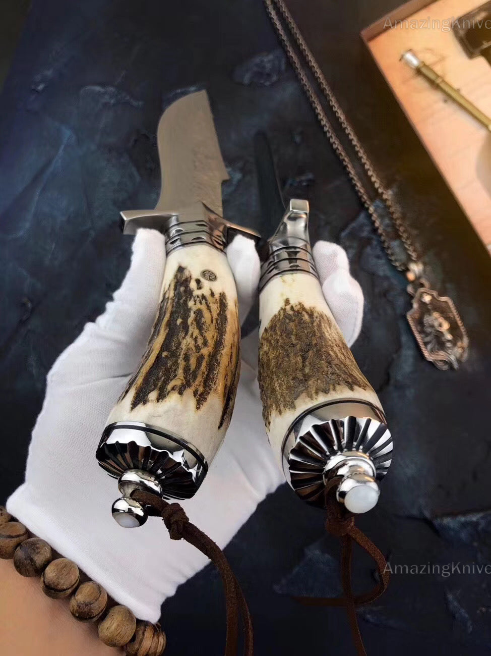 Damascus Survival Outdoor Camping Hunting Knife Fixed Blade Stag Antler Sheath - AK-HT0307