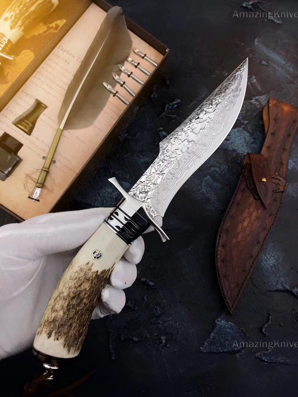 Damascus Survival Outdoor Camping Hunting Knife Fixed Blade Stag Antler Sheath - AK-HT0307