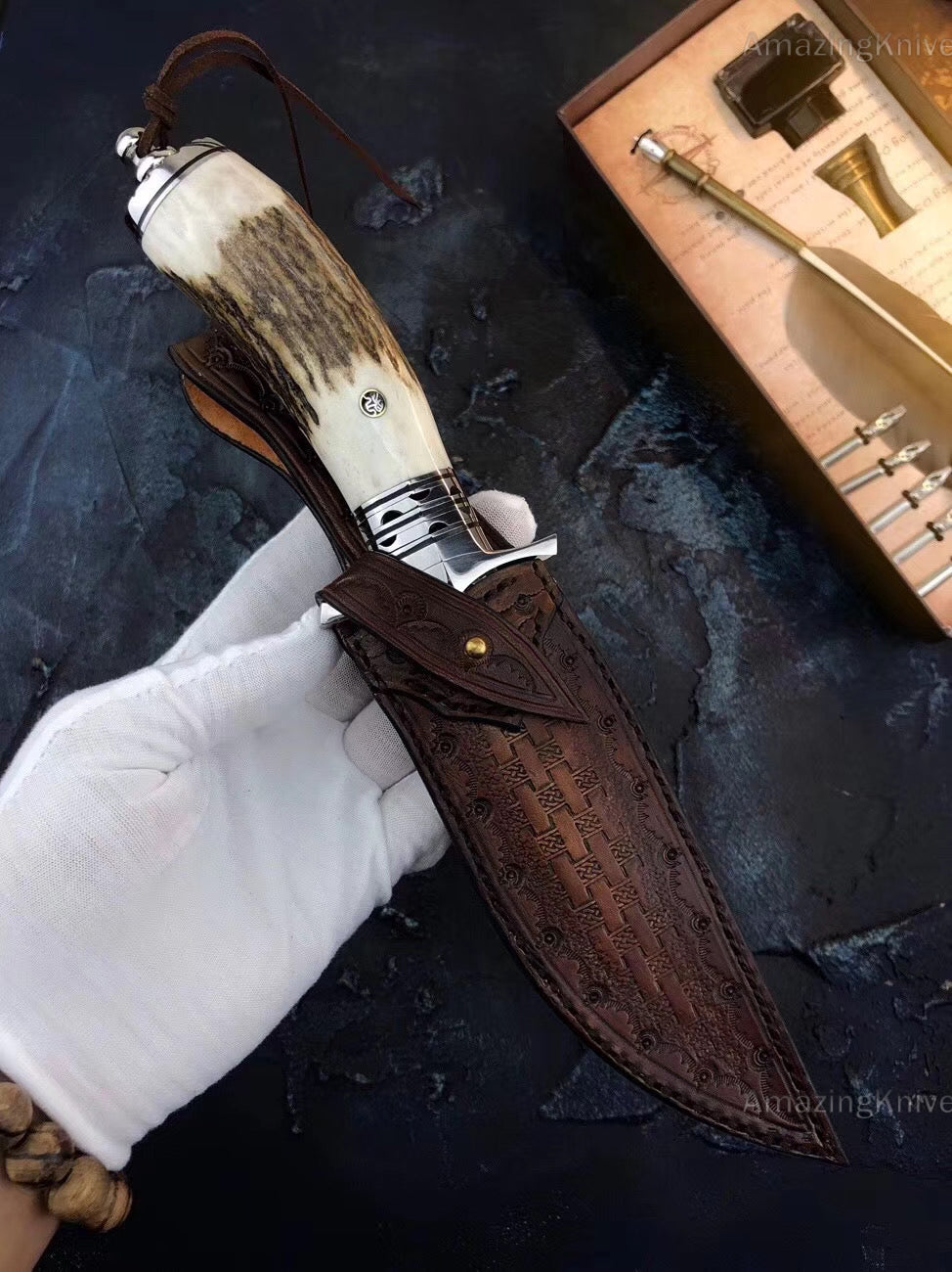 Damascus Survival Outdoor Camping Hunting Knife Fixed Blade Stag Antler Sheath - AK-HT0307