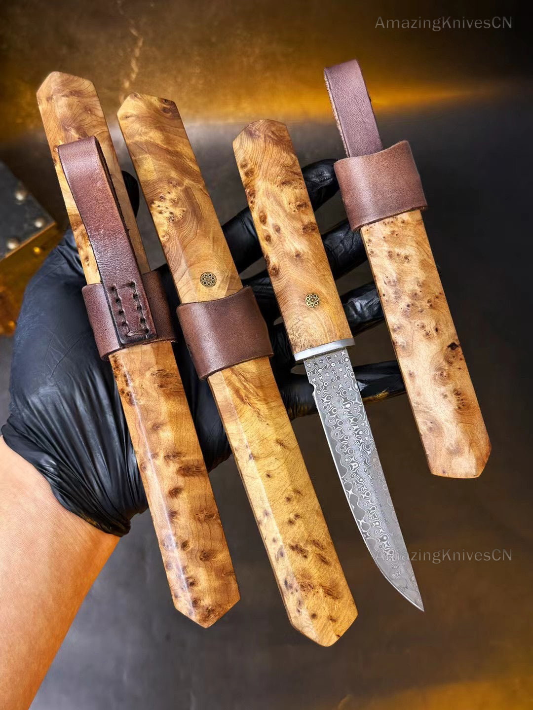 Japanese Bushido Katana Knife Damascus Steel Ninja Samurai Warrior Figured Wood-AK-HT0773