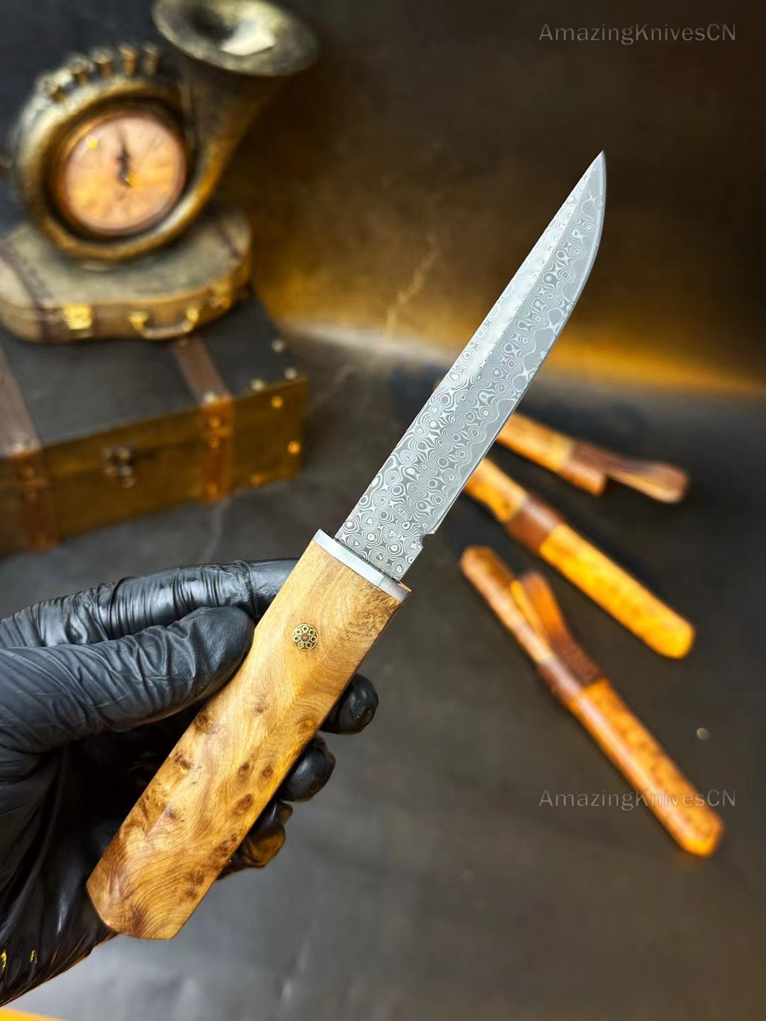 Japanese Bushido Katana Knife Damascus Steel Ninja Samurai Warrior Figured Wood-AK-HT0773