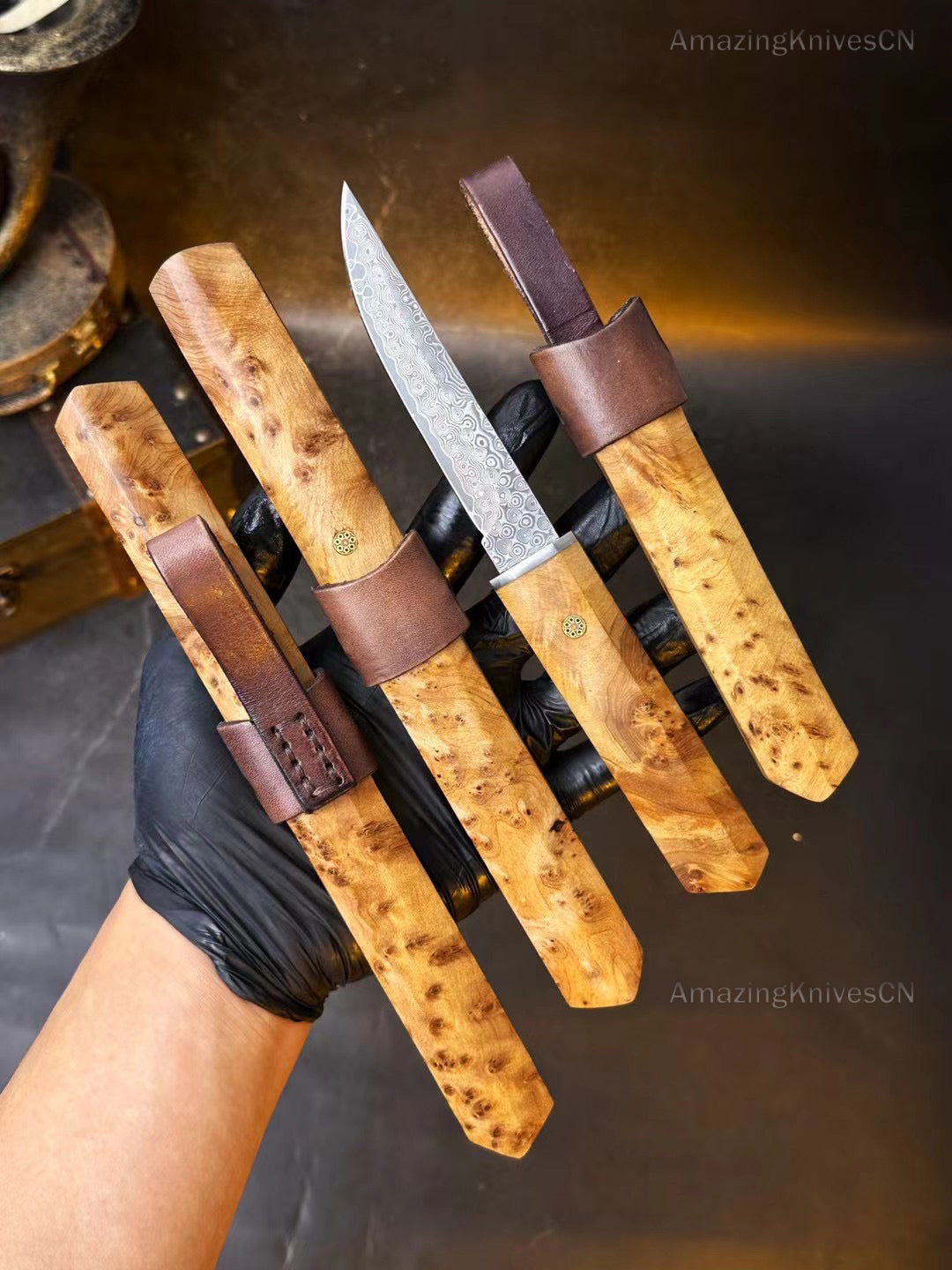 Japanese Bushido Katana Knife Damascus Steel Ninja Samurai Warrior Figured Wood-AK-HT0773